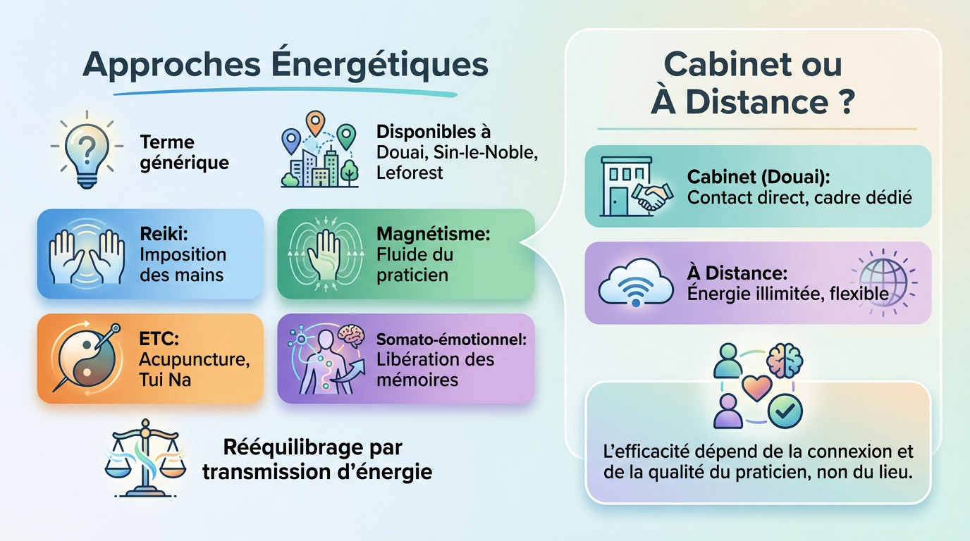 Illustration d'une séance de soin énergétique montrant l'imposition des mains
