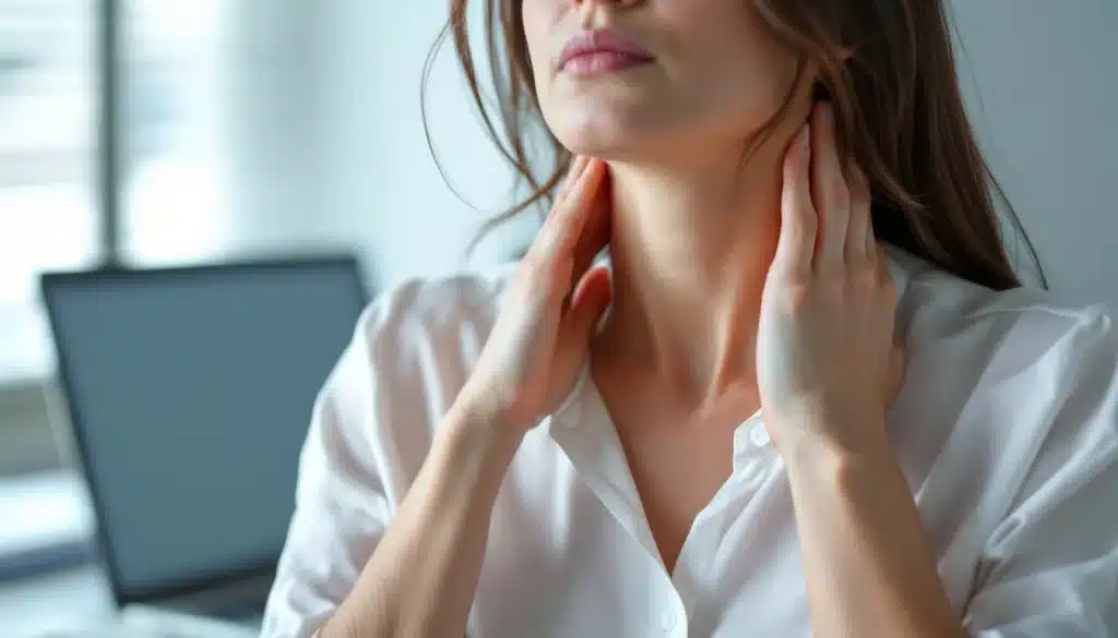 Femme ressentant des tensions cervicales au bureau, accompagnement en fasciathérapie Douai pour soulager les blocages