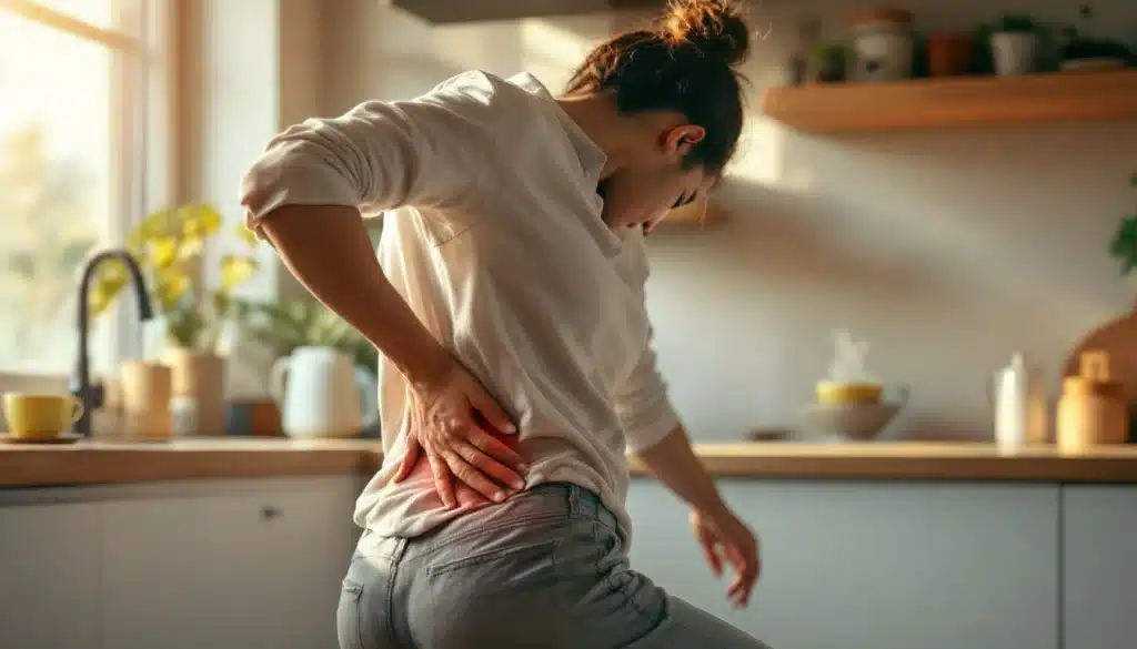 Personne soulagée de la sciatique Arras, main sur le bas du dos, moment de détente à domicile avec tisane apaisante