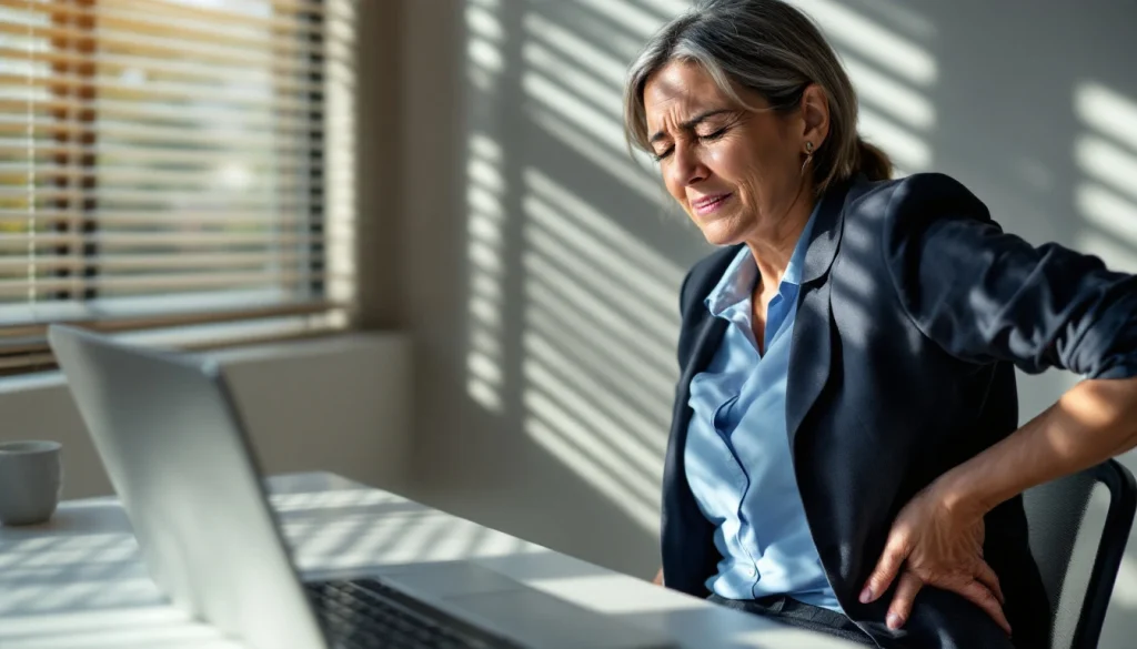 Femme souffrant de sciatique Douai au bureau, main sur le bas du dos, inconfort visible