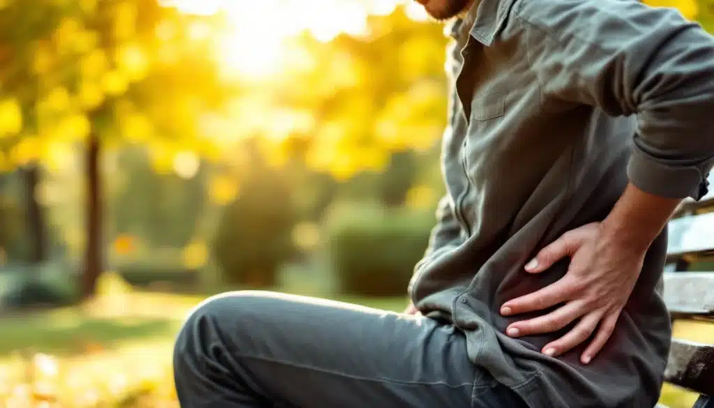 Personne ressentant une douleur de sciatique Lens, main sur le bas du dos, assise sur un banc en parc