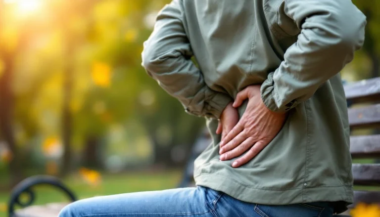 Personne ressentant une gêne au niveau du dos, assise sur un banc de parc, illustration de tarif de l'acupuncture Lens et soulagement des douleurs.