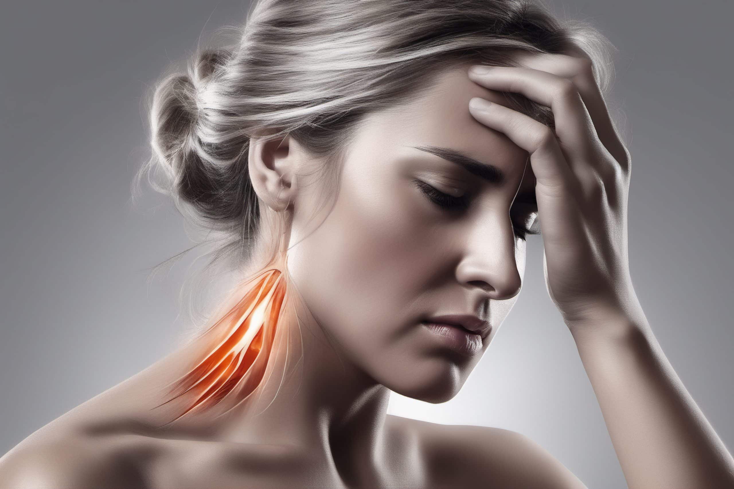Illustration médicale représentant les différentes causes des douleurs au cou et les traitements associés.