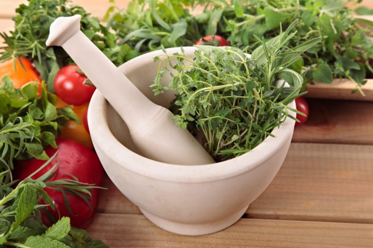 Mortier avec herbes fraîches