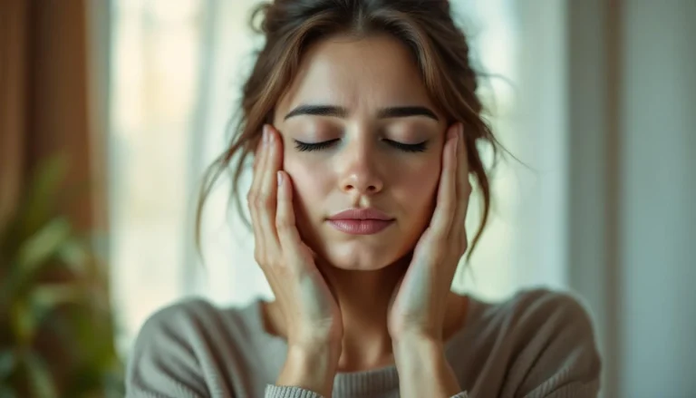 Femme ressentant les symptômes de migraine vestibulaire Arras, mains aux tempes, vertiges