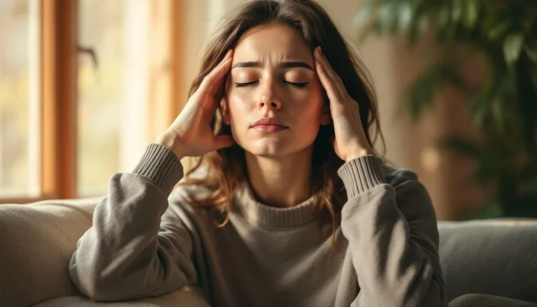Femme ressentant les symptômes de migraine vestibulaire à Lens, mains sur les tempes, vertige