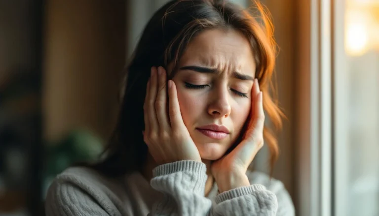 Femme ressentant les symptômes de migraine vestibulaire Valenciennes, mains aux tempes, lumière douce