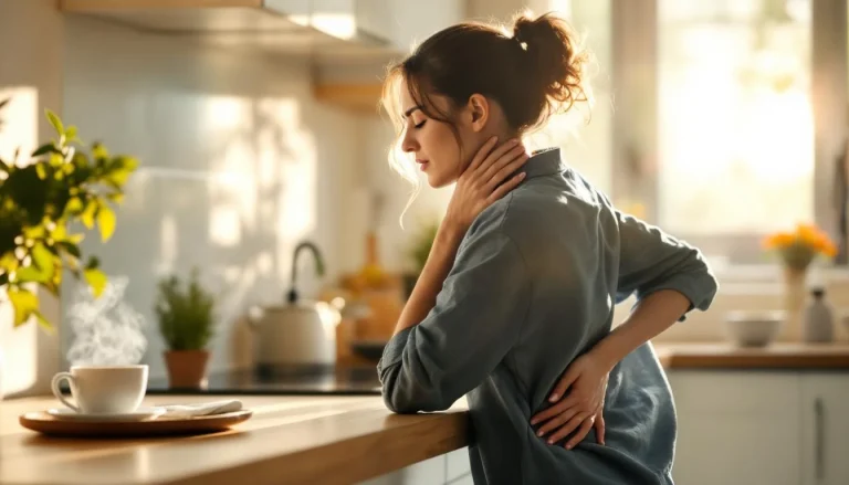 Personne souffrant de sciatique à Arras, main sur le bas du dos, cuisine moderne lumineuse avec thé chaud