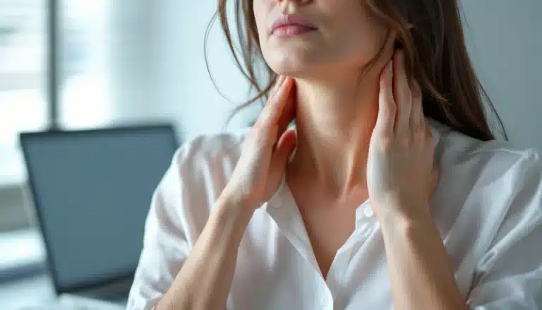 Femme ressentant des tensions cervicales au bureau, accompagnement en fasciathérapie Douai pour soulager les blocages